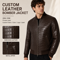 Blouson Bomber Homme Marque Privée en Cuir Gaufré avec Col en Maille Côtelée, Fermeture Éclair Métallique et Poches Obliques – Style Décontracté