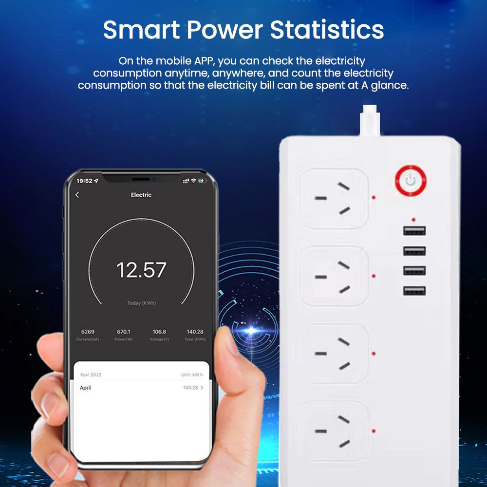 HONPNK Factory Tuya App-Controlled US Four-Outlet Power Strip with 1.5m Extension Cord & USB Charge Port Electrical Socket