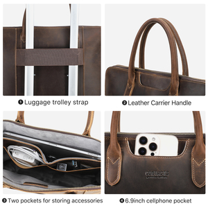 Maletín de Cuero Vintage de 14 Pulgadas para Portátil, Maleta Resistente con Asa para Trolley, <span class=keywords><strong>Forro</strong></span> de Terciopelo Grueso para <span class=keywords><strong>Macbook</strong></span> <span class=keywords><strong>Pro</strong></span> - Product Image 6
