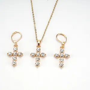 China Wholesale New Women Jewelry 18 Carat Gold Simple Diamond Cross Jewelry Sets