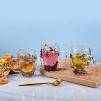 Glazen drinkbeker met rietje, koffie drinkset, dubbelwandig glas, hoog borosilicaat glas, mok met gedroogde bloemen