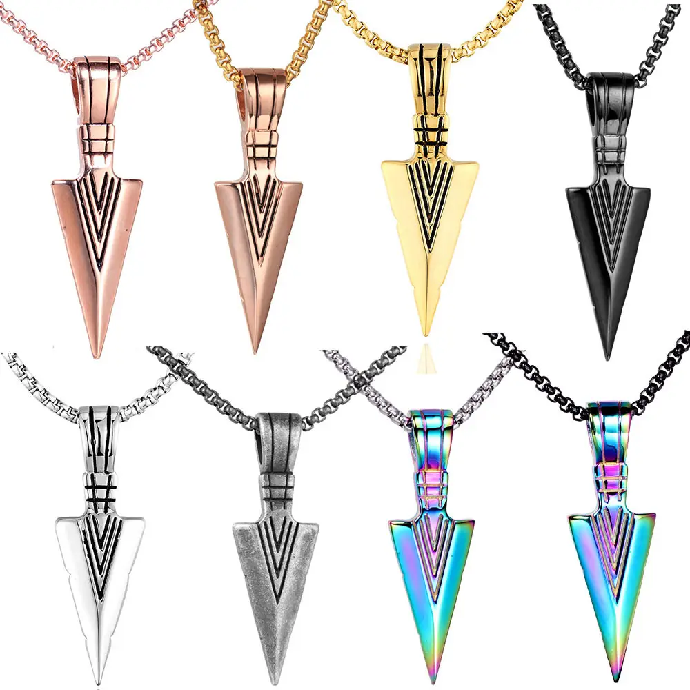 Wholesale Men Women Fashion Hip Hop Punk Stainless Steel High Quality Chain Necklace Gold-Plated Arrow Colorful Pendant Necklace
