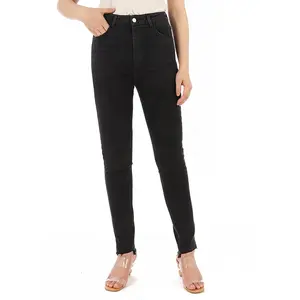 Women Denim Jeans Black Elastic Mid High Waist Basic Five Pockets Style Skinny Slim Push UP Casual Classic Custom Pants Trousers