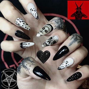 Blanco y Negro Ongles Artificiel Manicure Skull Almond <span class=keywords><strong>Impress</strong></span> Nail Fashion Halloween Luxury Press On Nails - Product Image 1