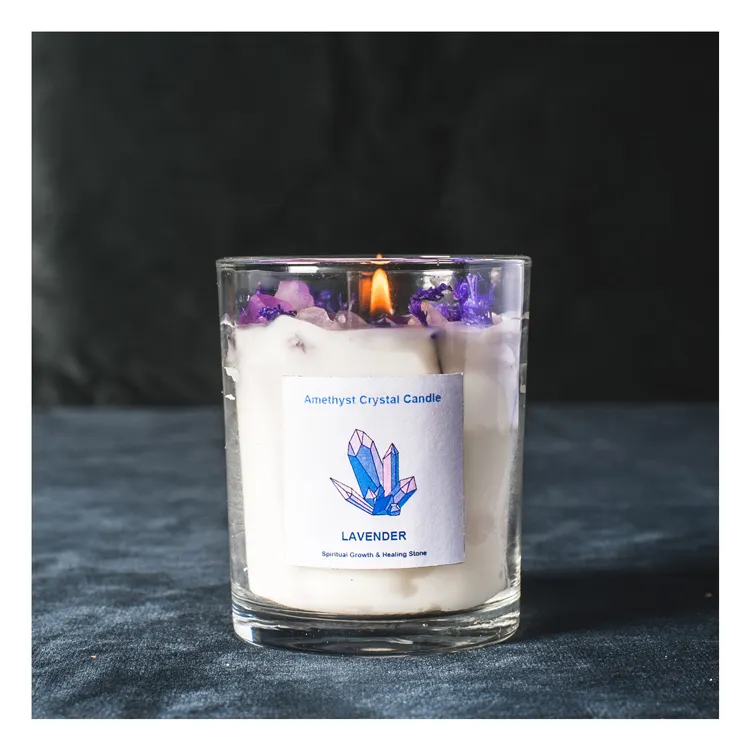 Custom Groothandel Label Aromatherapie Luxe Geurende Soja Kaars Met Kristallen Geur Glazen Pot Eco-Vriendelijke Wax Soja Kaars
