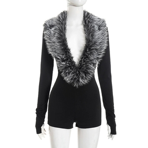 147 Nuevo Mono de Otoño de Color Sólido con Cuello de Piel Sintética, Escote en V Profundo y Manga Larga - Product Image 3