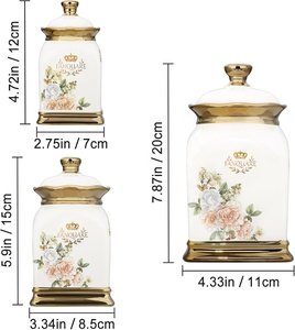 <span class=keywords><strong>Set</strong></span> di 3 contenitori floreali con finiture in argento, vasetti decorativi in ceramica, barattolo per biscotti e zuccheriera con coperchio ermetico - Product Image 2