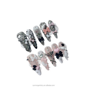 <span class=keywords><strong>Uñas</strong></span> Postizas de Alta Calidad, Lindas y Elegantes, en Forma de Ataúd, Negras y Rosas, con Diseño de Dibujos Animados, Hechas a Mano - Product Image 5