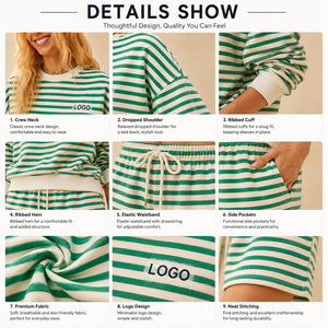 Custom Design <b>Women's</b> Long Sleeve Striped Sweatshirt Shorts Set <b>2</b> <b>Piece</b> Casual Matching Lounge <b>Outfit</b> Manufacturer - Product Image 3