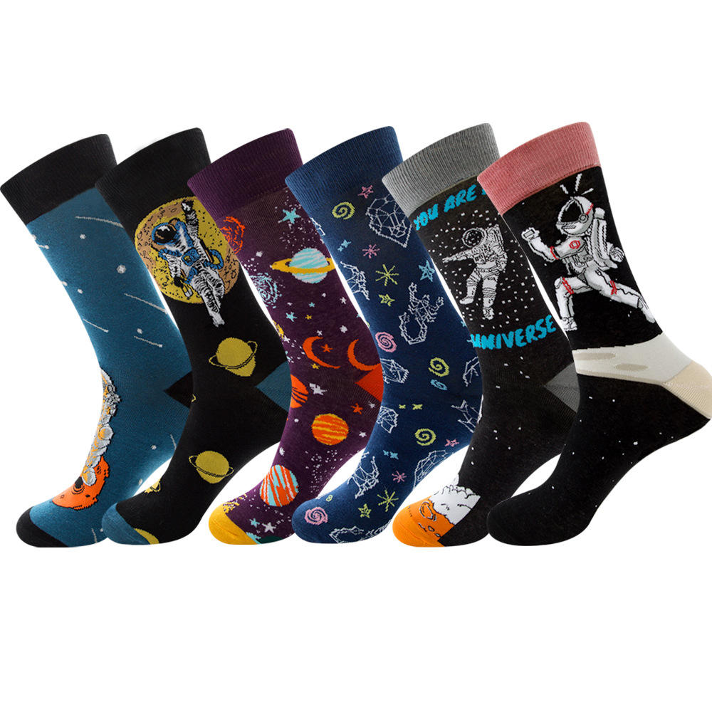 Cotton Jacquard Rainbow Moon Constellation Astronaut Patterned Calf High Long Crew Floral Fashion Socks for Men Women Wholesale