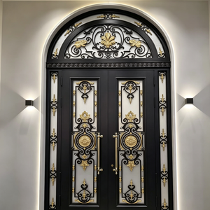 Puerta Principal de Entrada de Hierro Forjado de Lujo Personalizada, Negra con Tallado Dorado, Puerta de Seguridad Exterior para Villa con Arco y Ventana Superior - Product Image 2