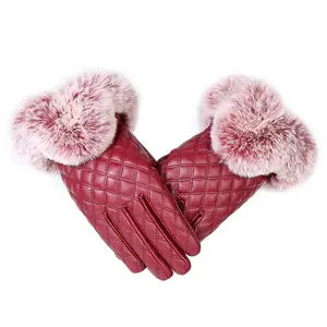 Female Winter Fashion Lattice Mittens Warm Thick Rabbit Fur Touch Screen PU Leather Women Gloves