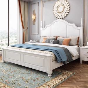 Cama de Madera Estilo Americano de 1.8m de Ancho, Cama Doble Moderna Minimalista, Estilo Retro Francés, Cama de Matrimonio de Lujo Ligero - Product Image 1