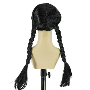 Éxito de ventas transfronterizo: Peluca de seda sin encaje estilo anime de la Familia Addams de Miércoles Addams para Halloween, negra con doble trenza, estilo COS de fábrica. - Product Image 3