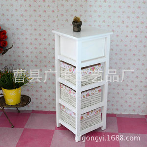 Gabinete de Almacenamiento de Madera y Ratán Blanco con 3 Compartimentos, Gabinete para Dormitorio o Sala de Estar con Cestas de Tela, Unidad de Almacenamiento con Cajones - Product Image 4