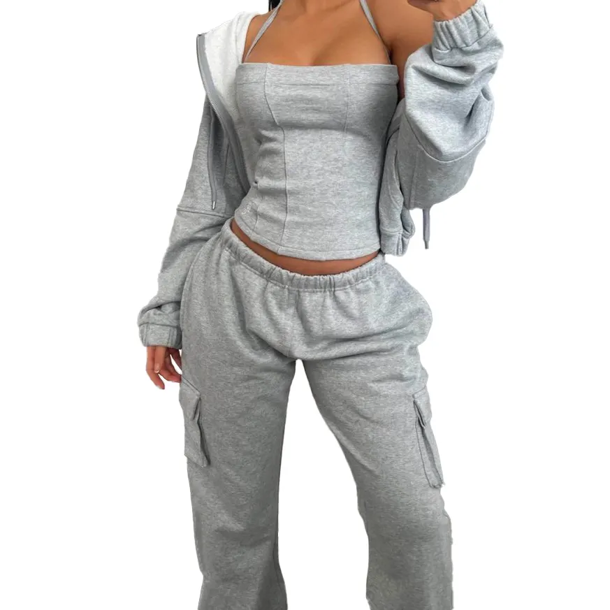 Tracksuit Manufacturer Cargo Sweatpants And Hoodie Sets Zip Up Tracksuit 3 Pieces Sweatsuit