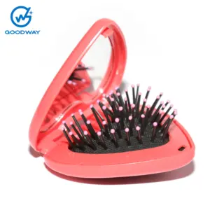 Heart Shape Folding Hair Brush and Mirror with Keychain, Compact Massage Comb for Pocket, for Wet or Dry Hair