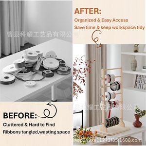 Wooden Ribbon Rack 6 Tier Solid Wood <b>Desktop</b> Storage <b>Shelf</b> For Craft Supplies - Product Image 2