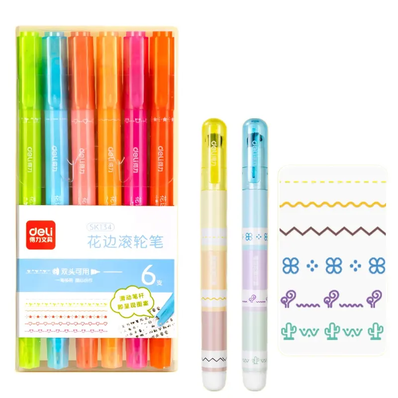 Deli SK134 contour pen hand-copied newspaper pen primary school stationery handbook curve color pen handbook highlighter 6