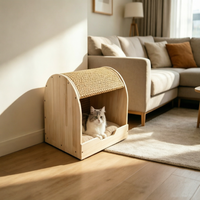 Maison pour chat multifonctionnelle en bois massif courbé avec tapis rafraîchissant en rotin, lit-caverne d'intérieur quatre saisons, modèle M02 fabriqué au Jiangxi