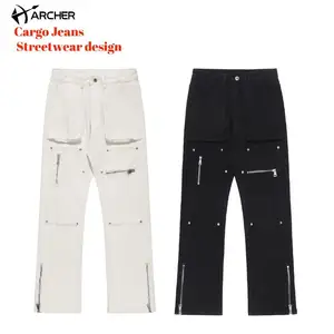 מטען Streetwear מכנסיים שחור לבן ג 'ינס מותאם אישית dtg מודפס לוגו מכנסיים רוכסן מזדמן ג' ינס לגברים
