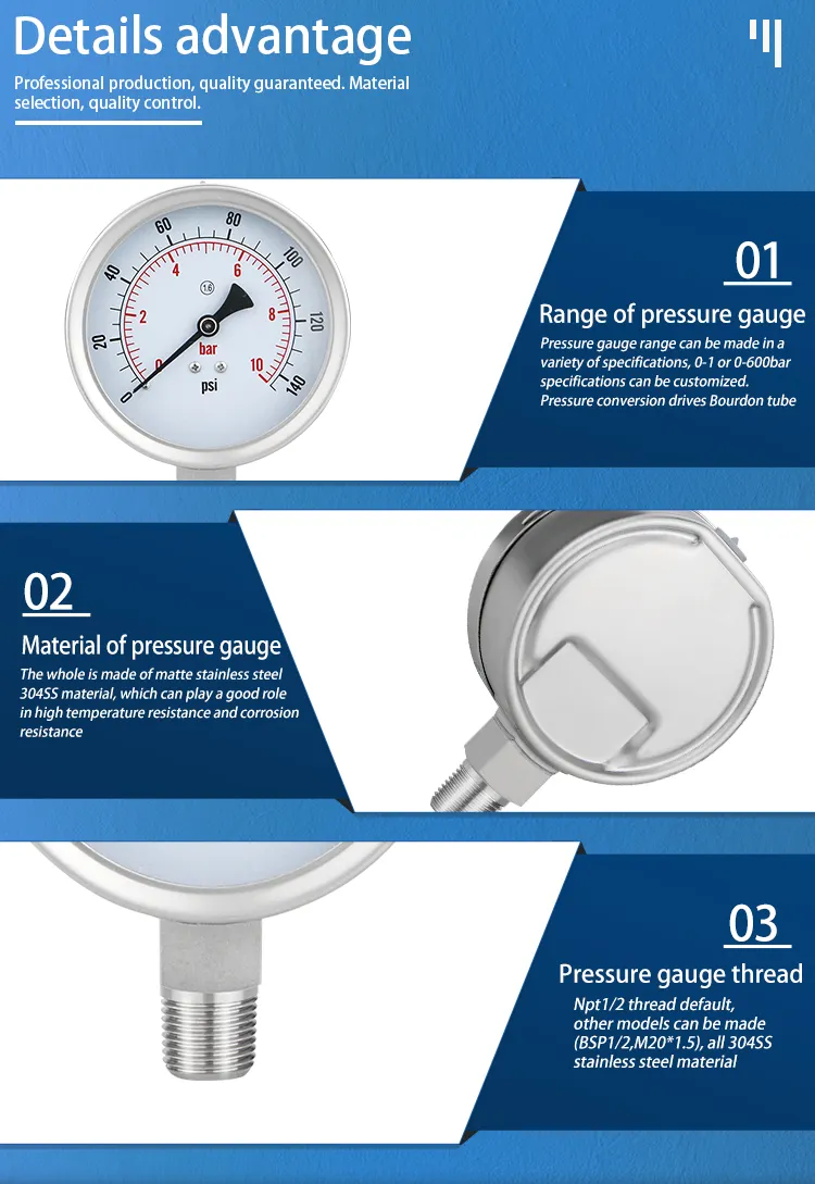 Kualitas tinggi 100mm 304SS 316ss baja nirkarat pengisian gliserin gas air hidrolik pengukur tekanan minyak manometer