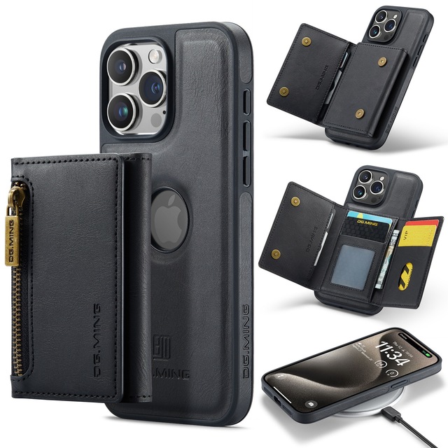 DG.Ming for iPhone 15 Pro Max Mobile Phone Magnetic Suction PU Leather Phone Case with Split Wallet Card Holder Cellphone Cover