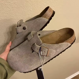 Outdoor Flat <b>Slippers</b> Mules Clog Stock Real Leather Suede Women's Shoes Cork Foot Bed Solid Clogs High Quality mens casual shoes - Product Image 6