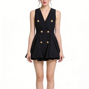 เดรสสั้นแขนกุดติดกระดุมสองแถวสำหรับผู้หญิง - ชุดเดรสออกงานคาดเข็มขัดกระดุมสีทองแฟชั่น - Product Image 1