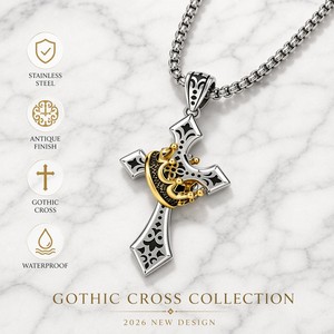Collar de Acero Inoxidable al por Mayor con Cruz Gótica, <span class=keywords><strong>Cadena</strong></span> <span class=keywords><strong>Veneciana</strong></span> y Corona Antigua para <span class=keywords><strong>Hombre</strong></span>, Collar Acero Ganku - Product Image 1