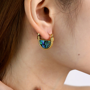 18K Gold Plated Stainless Steel Fan-Shaped Earrings with Natural <b>Abalone</b> <b>Shell</b> Inlay Hypoallergenic Waterproof Hoop for Women - Product Image 1
