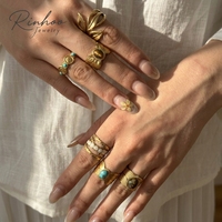 Ensemble de bagues RINHOO en acier inoxydable, style vintage français, feuille, plume, turquoise, œil de tigre, bijoux empilables pour femmes, cadeau