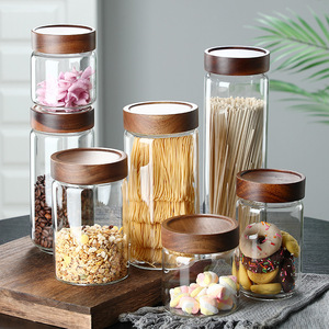 Wholesale Modern <b>Kitchen</b> <b>Storage</b> <b>Jar</b> Thread Type Borosilicate Glass Food <b>Storage</b> Airtight Acacia Wooden Screw Lid Custom Logo - Product Image 2