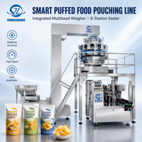 Machine d'emballage pour aliments soufflés et croustillants avec peseuse multi-têtes intégrée et scelleuse de sacs préformés à 8 postes