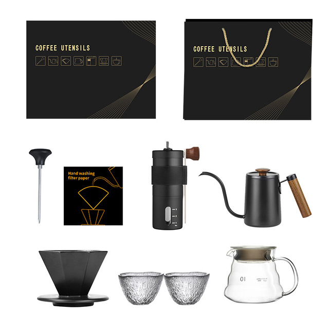 Kingze Premium 8-Piece Arabic Coffee Kit Metal Coffee Dripper Pour Gooseneck Kettle Manual Coffee Grinder Travel Set