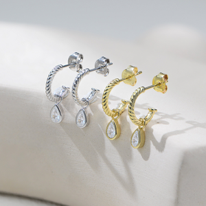 R.<strong>GEM</strong>. Fine <strong>Jewelry</strong> 925 Sterling Silver C-shaped Hook Gold Plated Pear Cut Cubic Zircon Twisted Cuff Drop Charm Earrings - Product Image 5