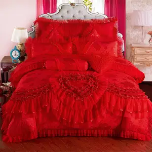 超柔软舒适棉蕾丝4PCS床上用品套装欧洲新娘婚礼特大床被子套装