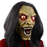 Masque en latex de sorcière zombie aux yeux rouges brillants, longue perruque noire, masque intégral effrayant, costume de fête d'Halloween, cosplay, maison hantée