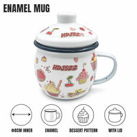 Tasse à thé Senny en émail de 8 cm de diamètre intérieur avec couvercle, motif dessert, bord bleu marine, forme bombée, vente en gros