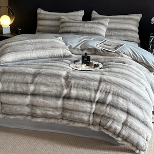 Lujo Faux Rabbit Fur Stripe Fleece 4PCS Juego de ropa de <span class=keywords><strong>cama</strong></span> Juego de funda de edredón cálido Funda de edredón Juego de sábanas planas para invierno - Product Image 3