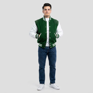 <b>Mens</b> Varsity <b>Jacket</b> Green and <b>White</b> Custom Letterman Baseball Bomber College <b>Jacket</b> with PU Leather Sleeves OEM Manufacturer - Product Image 1
