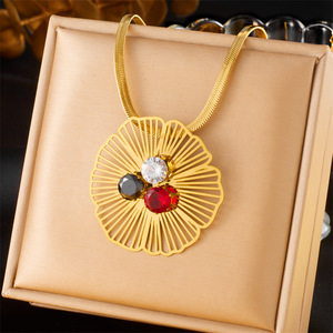 Flower Pendant Necklace Gold Plated Stainless Steel Hollow Design With Crystal Stones Party Jewelry Accessory - Product Image 4