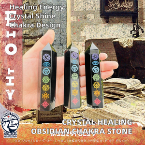 Vente en gros de tour de cristal en obsidienne noire naturelle gravée avec les 7 chakras, obélisque pour la guérison, la méditation et la décoration - Product Image 2