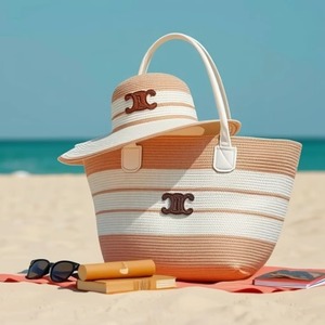 Set Estivo <span class=keywords><strong>Borsa</strong></span> in Paglia e Cappello a Tesa Larga a Righe con Chiusura a Cerniera per Commercio Estero Transfrontaliero - Product Image 3