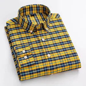 Oxford woven plaid long-sleeved shirt retro trend cotton cardigan casual shirt for men