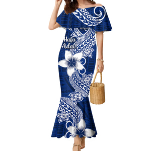 Vestido de Sirena <span class=keywords><strong>Hafa</strong></span> Adai Guam con Estampado Floral Polinesio Azul, Vestido de Noche con Hombros Descubiertos - Product Image 1