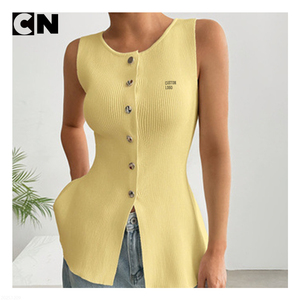 GRS Certification <b>Sweater</b> Manufacturer Wholesale Custom <b>Women</b> Cotton Viscose Sleeveless Knitted Cardigan <b>Sweater</b> Button <b>Vest</b> - Product Image 4