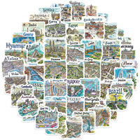 Paquete de 50 Pegatinas de PVC Impermeables con Mapas Turísticos Dibujados a Mano para Niños, para Laptop, Patineta, Maleta, Cuaderno, Taza, Botella de Agua