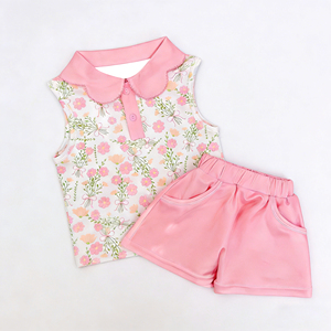 GSSO3279 Ensemble sans manches personnalisé pour petite fille, imprimé fleurs roses, vente en gros pour enfants - Product Image 1