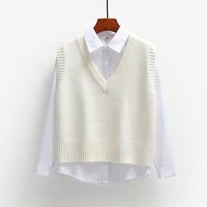 Nouveau <span class=keywords><strong>Gilet</strong></span> en Maille Col V Style Universitaire Printemps Automne pour <span class=keywords><strong>Femme</strong></span> – Haut Court Ample Littéraire - Product Image 3